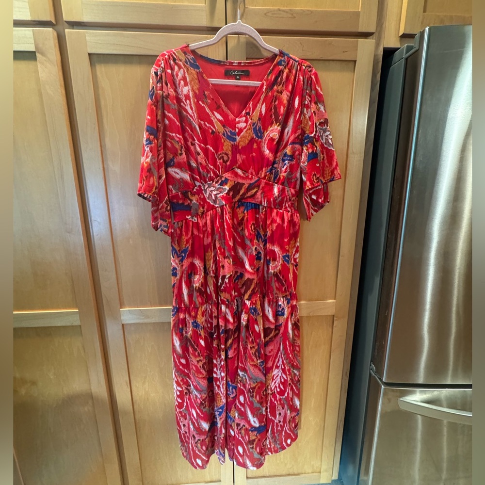 Calessa vibrant midi red dress with multicolor ikat pattern. Size XL